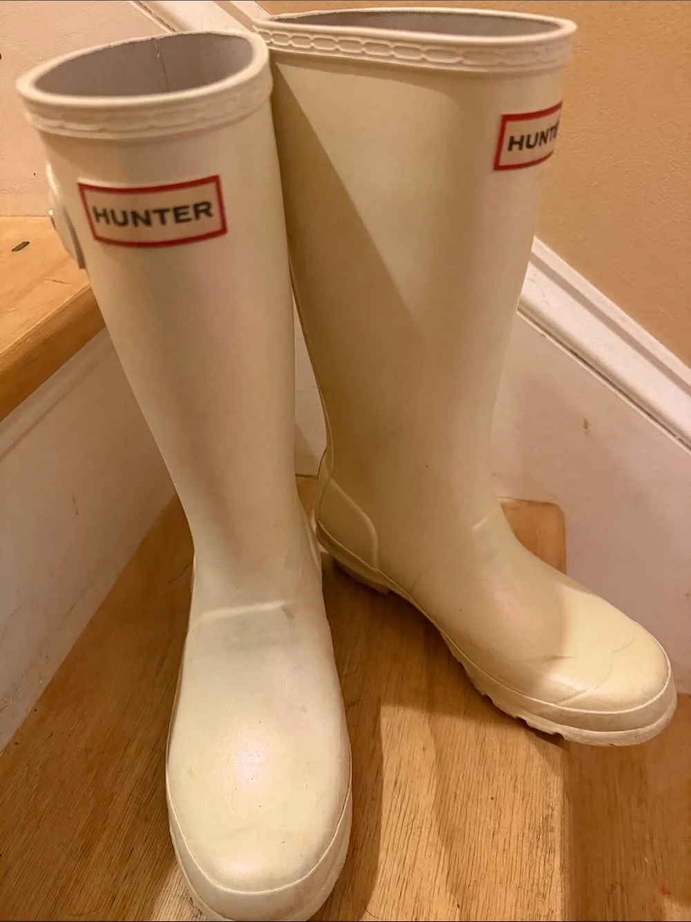Hunter Cream Tall Rain Boots with Buckle Detail